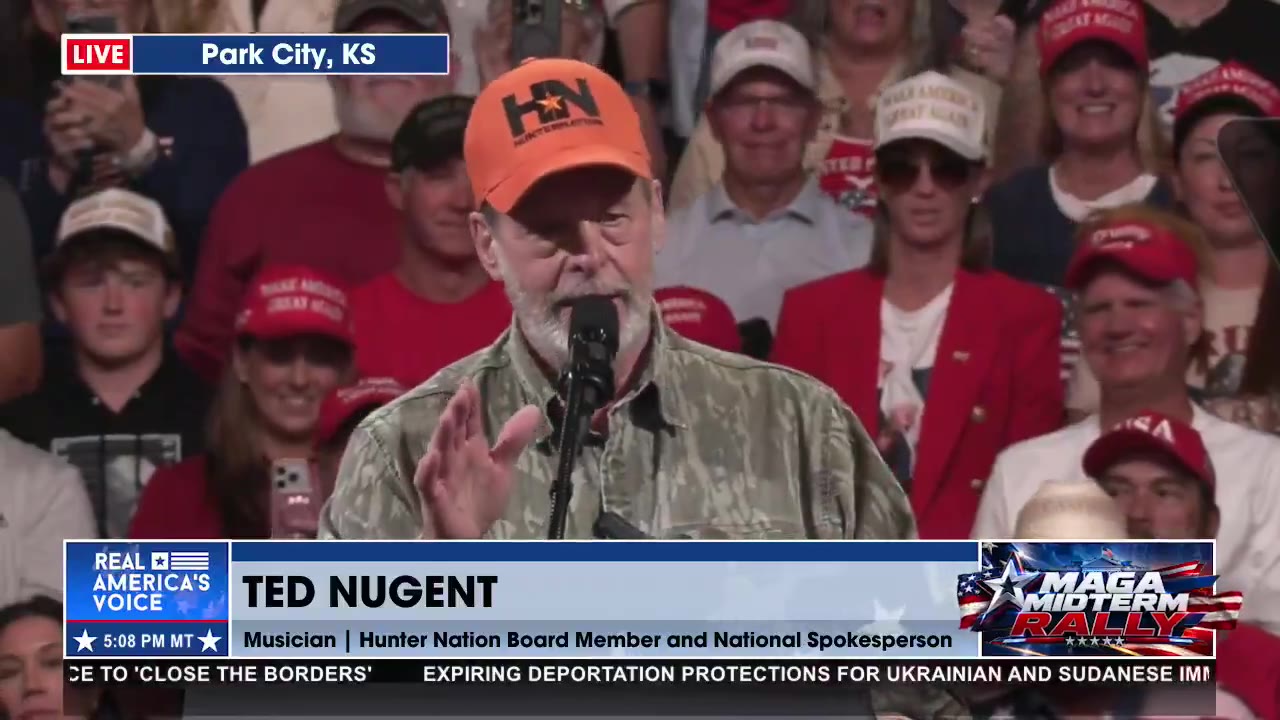Rock guitarist Theodore Anthony Nugent delivers a speech urging voters to mobilize at an event in Kansas on 10/22/2026. The video of Nugent's speech, shared by Donald J.