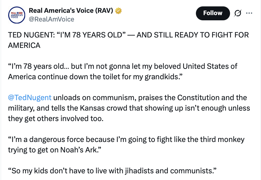 Real America's Voice posted a message featuring rock guitarist and conservative activist Theodore Anthony Nugent on Truth Social on 10/22/2026. The message, amplified by Donald J.