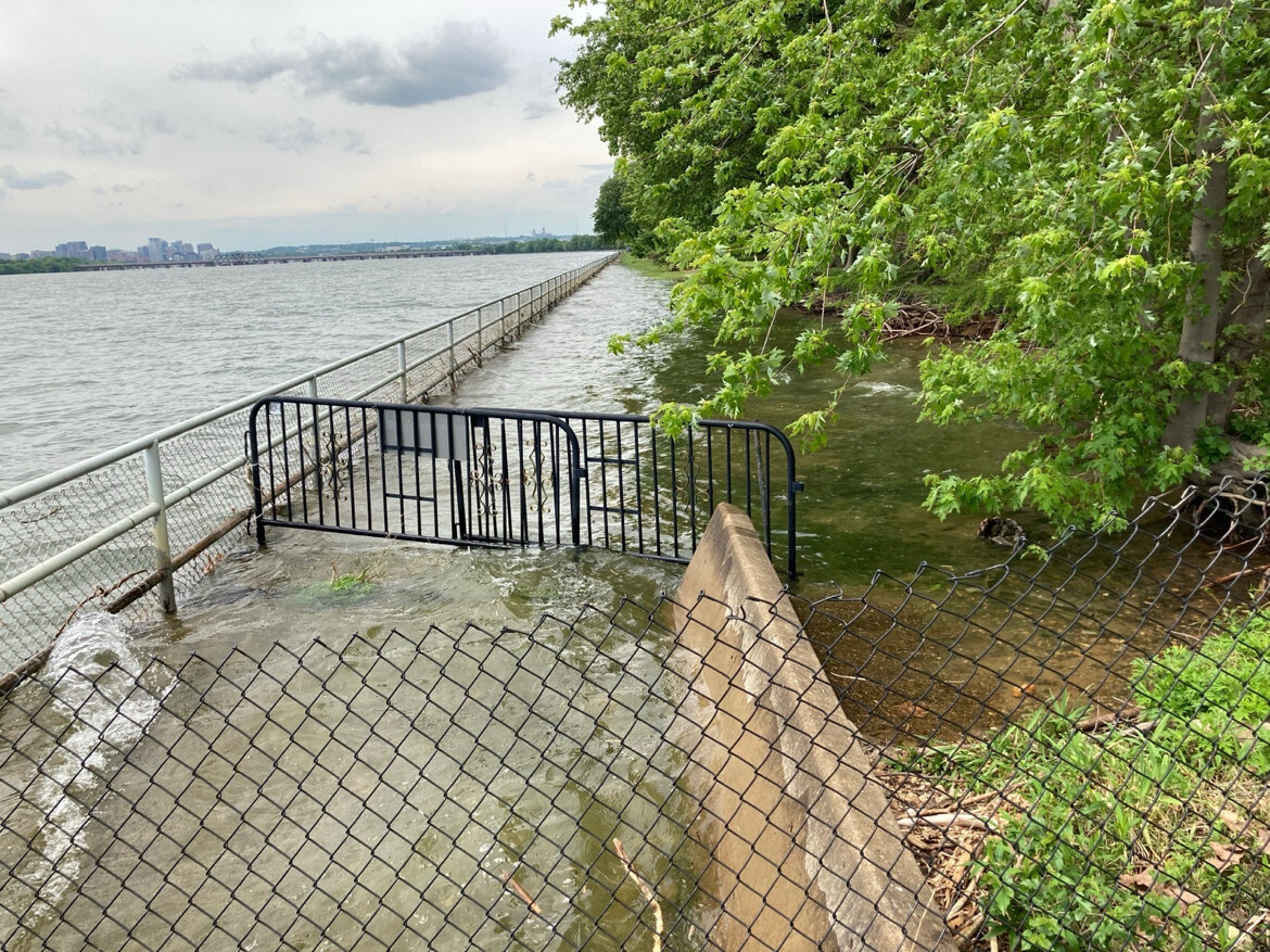 Waterfront infrastructure damage and flooding is pictured at an unspecified location in Washington D.C. on 10/20/2026.