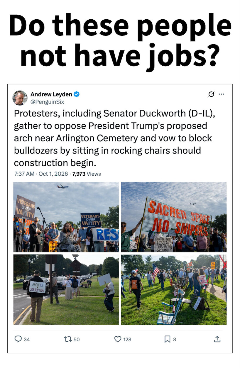 Protesters demonstrate against a proposed arch near Arlington Cemetery in Washington D.C. on 10/04/2026.
