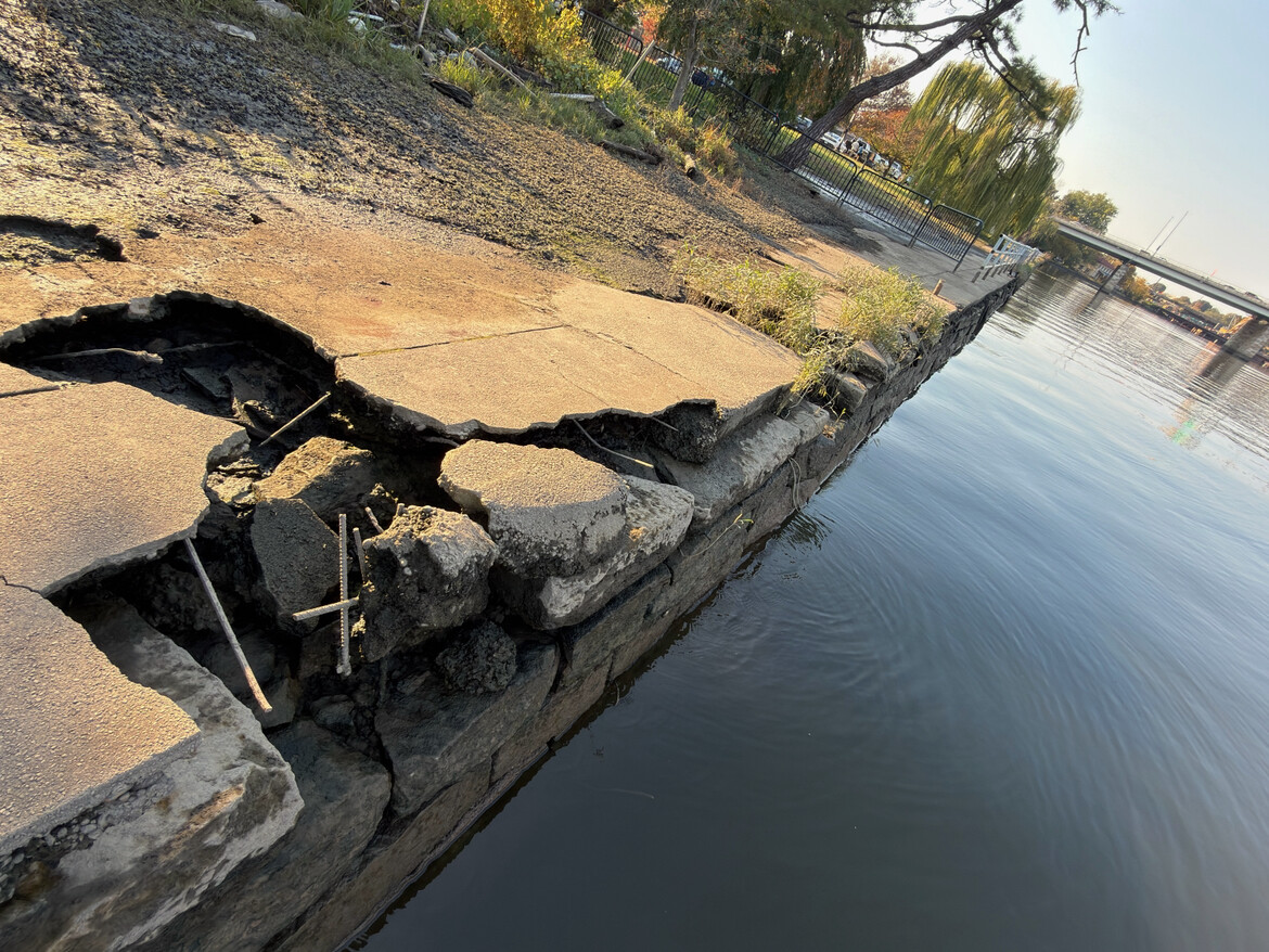 Crumbling waterfront infrastructure posed at an unspecified waterfront location on 10/28/2026. The images, shared by President Donald J.