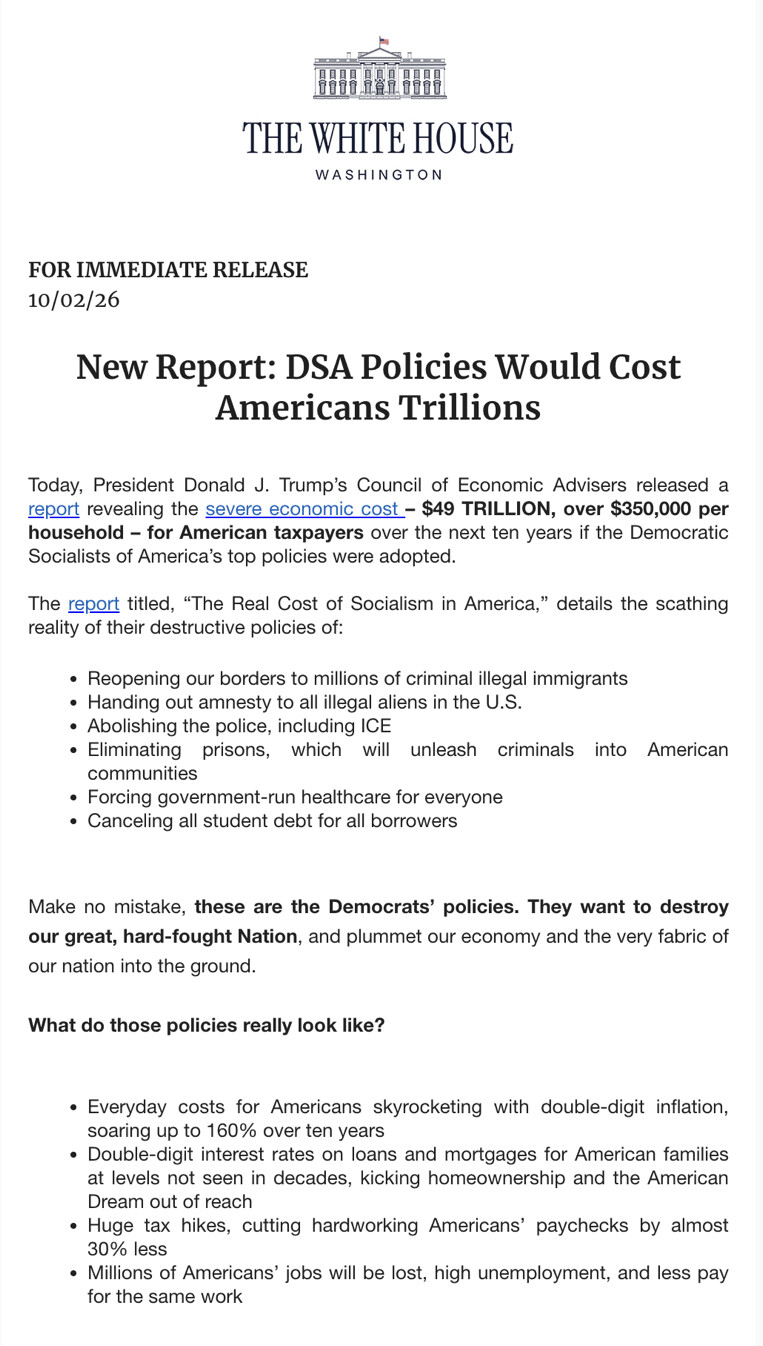 A White House press release titled "New Report: DSA Policies Would Cost Americans Trillions" is displayed in WASHINGTON D.C. on 10/02/2026.