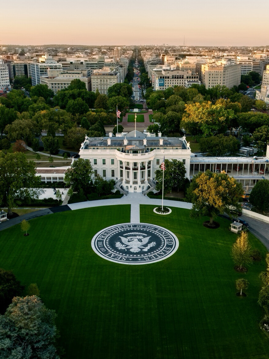 The White House South Facade and South Lawn are pictured in an aerial view at Washington D.C. on 10/15/2026.