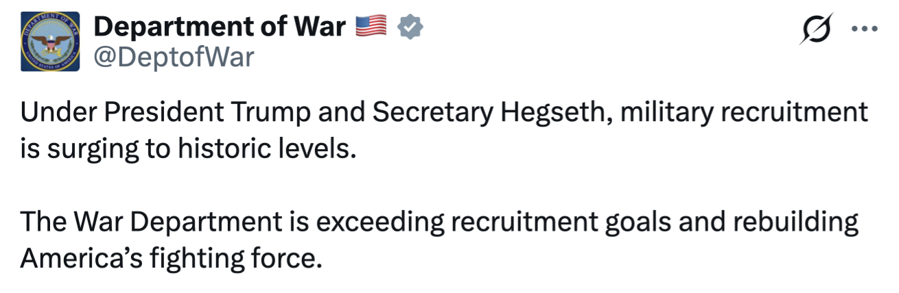 The Department of War posted a message on Truth Social on 10/26/2026. The message claimed military recruitment was surging under President Donald J.
