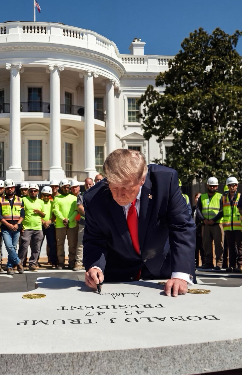 Trump Signs Commemorative Stone at White House With “45–47 President” Inscription